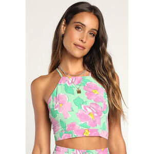 Lulus Feeling Joyful Green Floral Print Tie-back Cropped Top - Size M